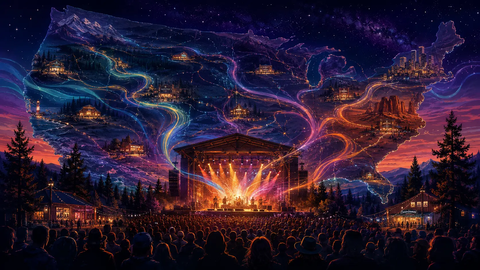 Original illustration of a live concert connected by glowing music roads across the United States